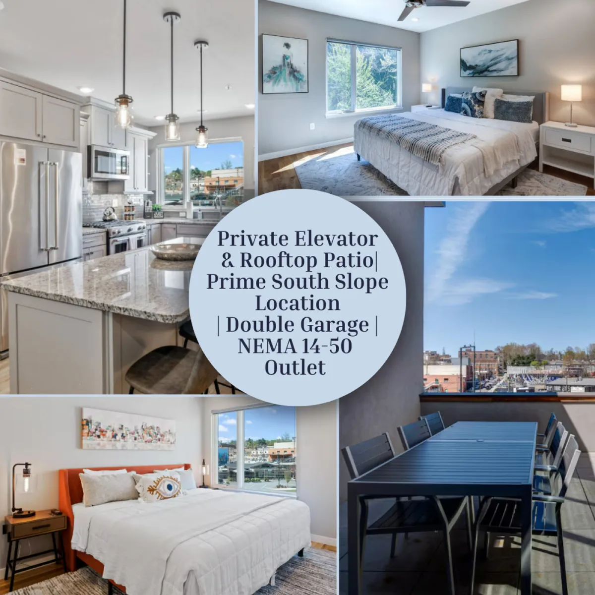 The image showcases a bright, modern kitchen with granite countertops, seamlessly opening to a cozy dining area, a glimpse of a plush bedroom, and large windows leading up to a sun-drenched rooftop patio with inviting outdoor seating. The private elevator is visible, hinting at the home's four-story convenience and luxury.